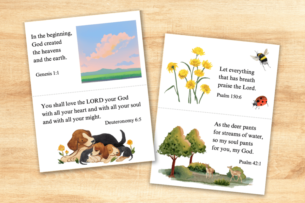 two printouts of Bible verses for toddlers on a wooden table