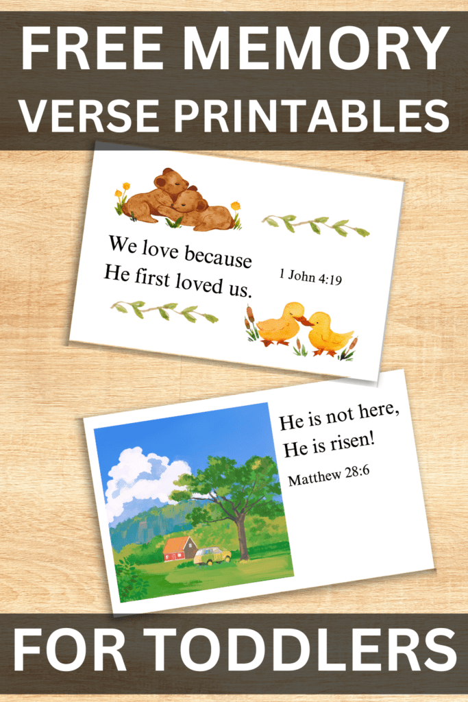 text reads "free memory verse printables for toddlers" with two printouts of Bible verses with art